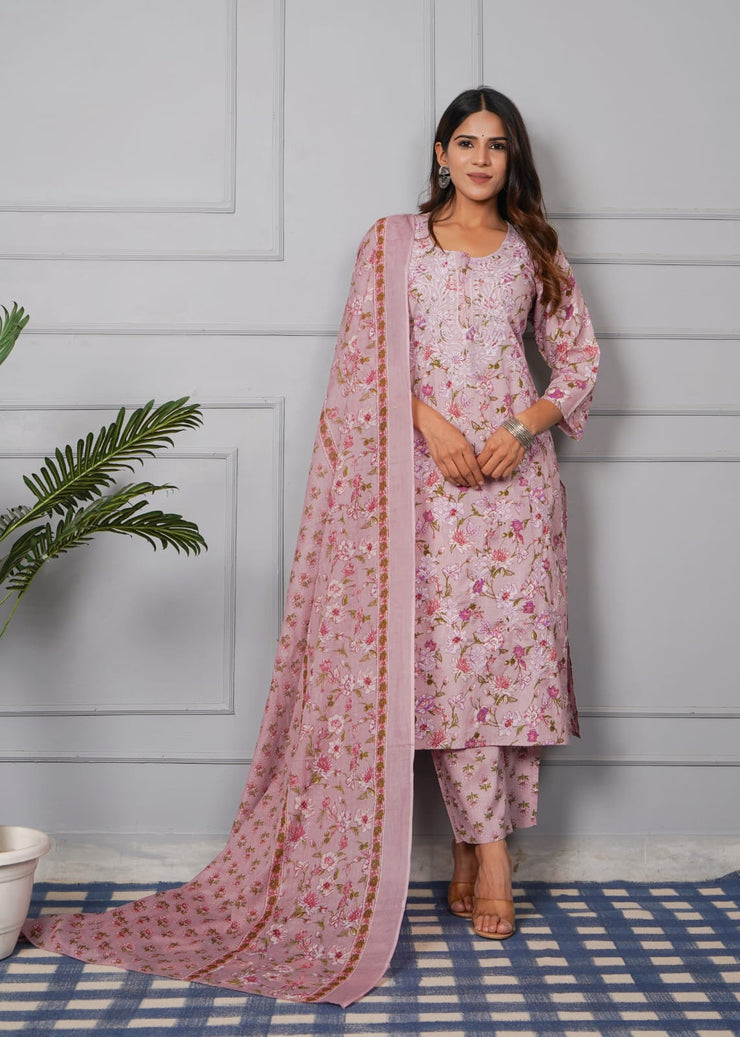 Tulsilicious Petal Pink Pure Cotton Embroidered Suit Set