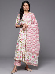 White Floral Printed Cotton Suit Set With Dupatta