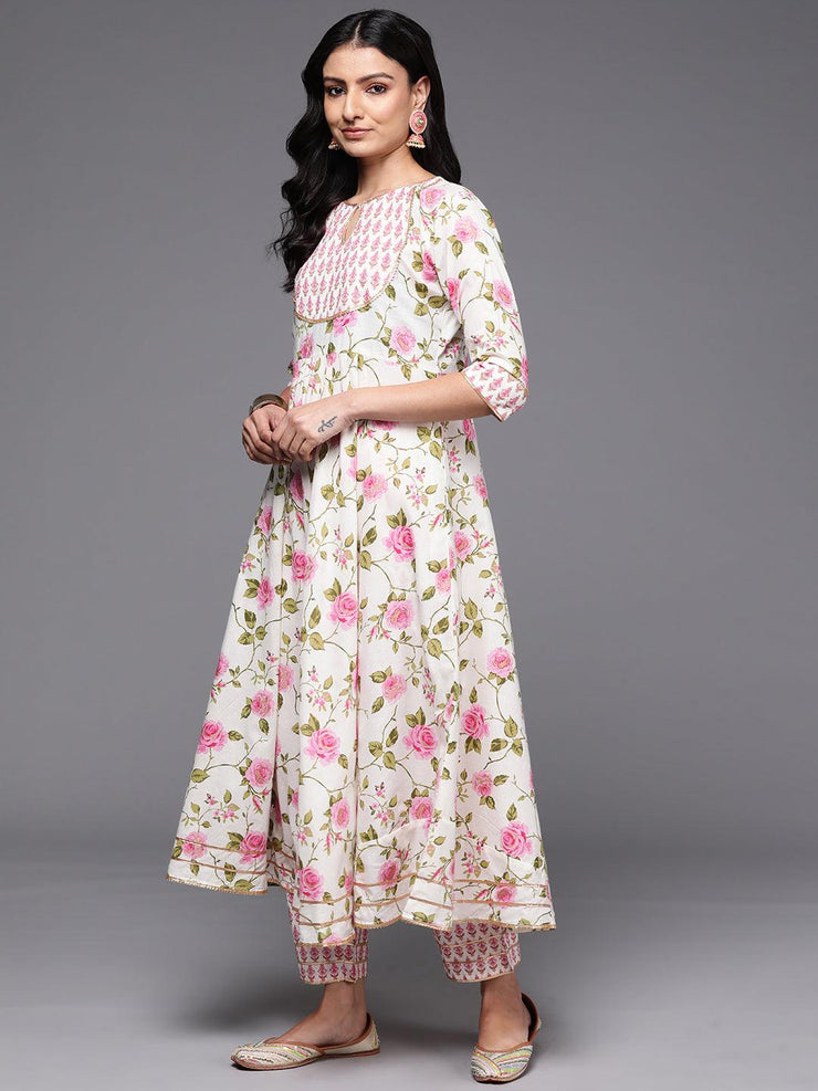 White Floral Printed Cotton Suit Set With Dupatta