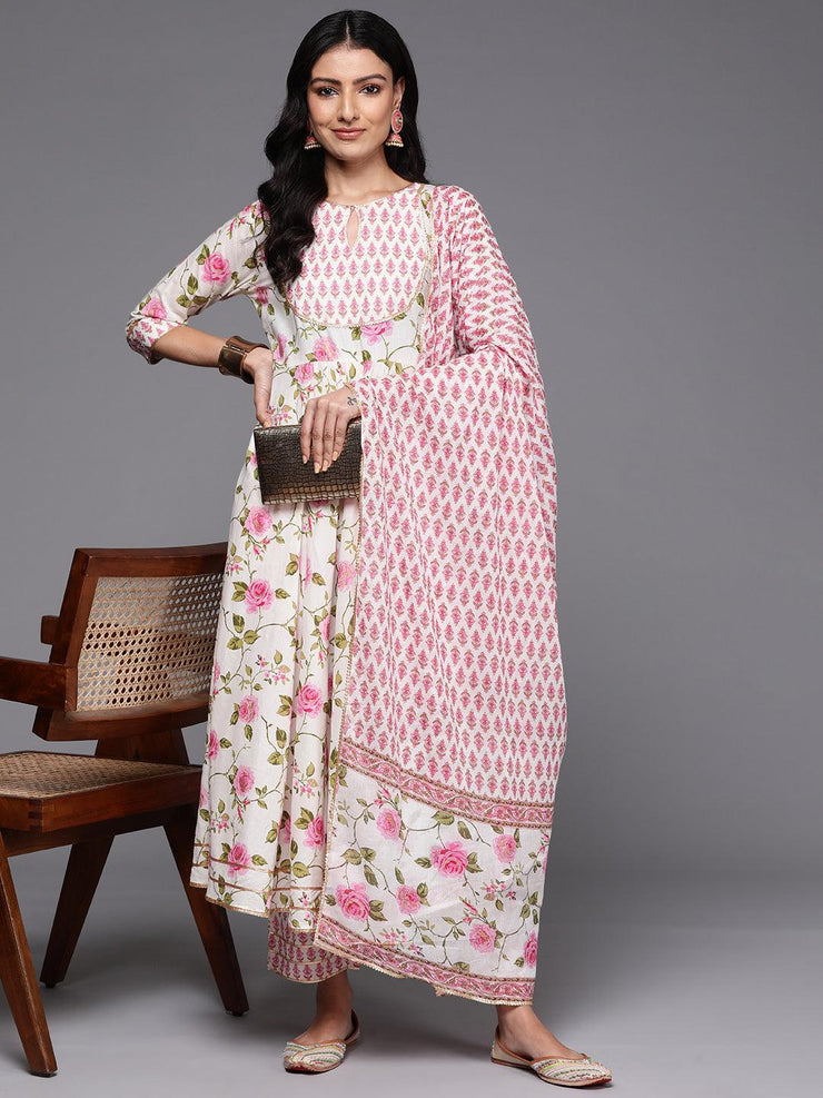 White Floral Printed Cotton Suit Set With Dupatta