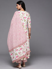 White Floral Printed Cotton Suit Set With Dupatta